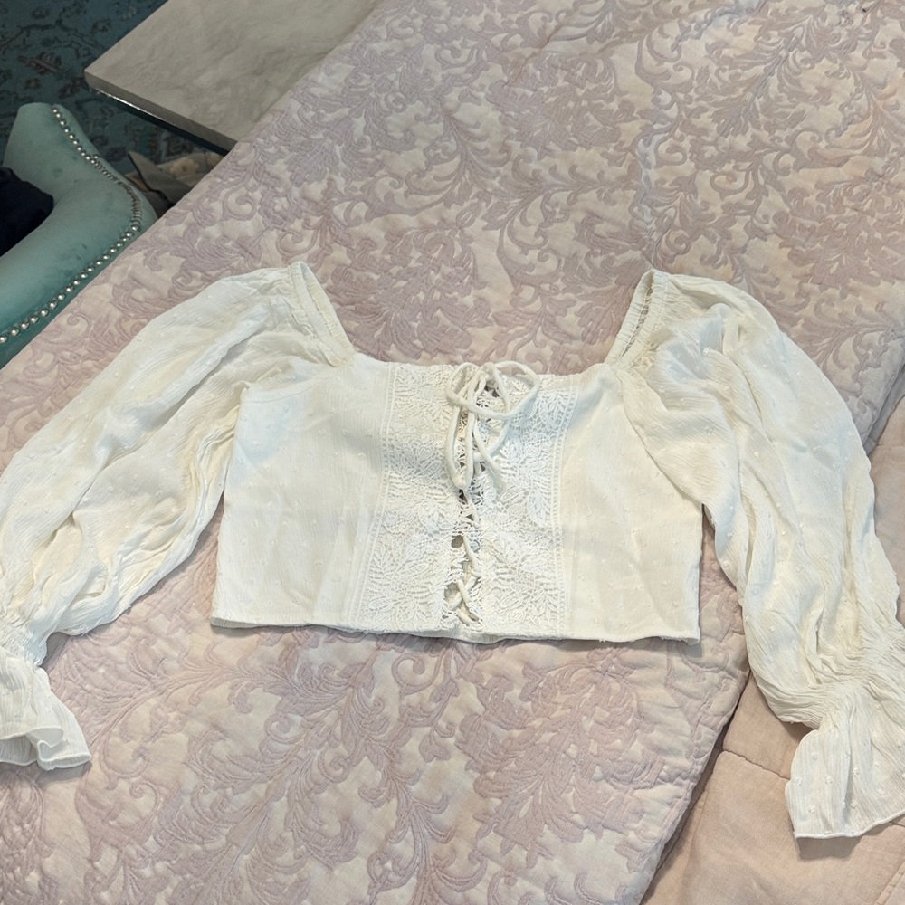 Joyfolie Cream Lace-Up Blouse